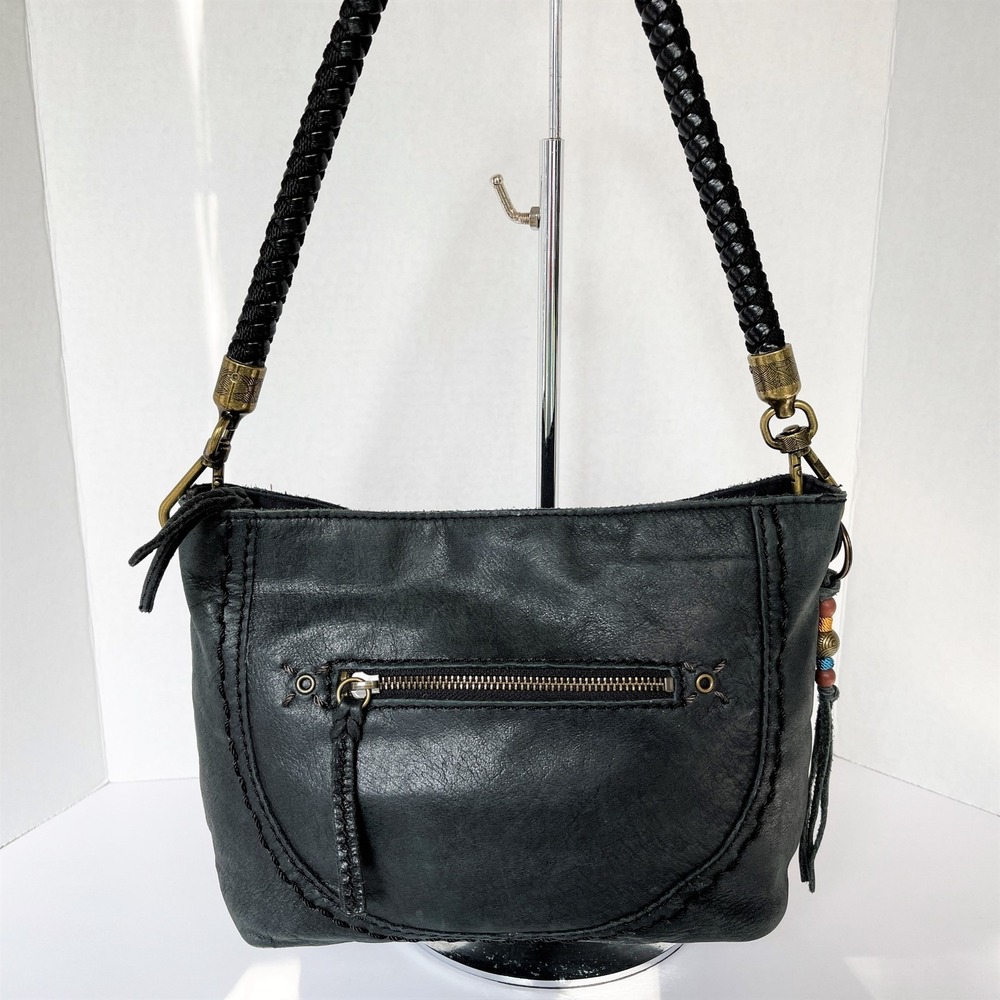 The SAK Black (or Charcoal Gray) Indio Leather Demi Shoulder Bag Woven Handle